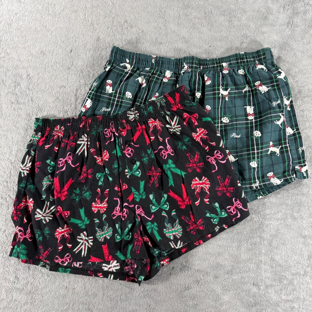 Victoria Secret PINK Pajama Shorts Women Small Green Black Excellent Flannel 2pk
